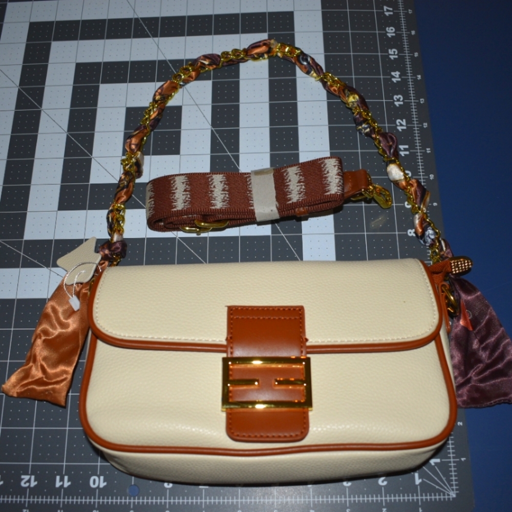 Cream and Brown Handbag with scarf strap